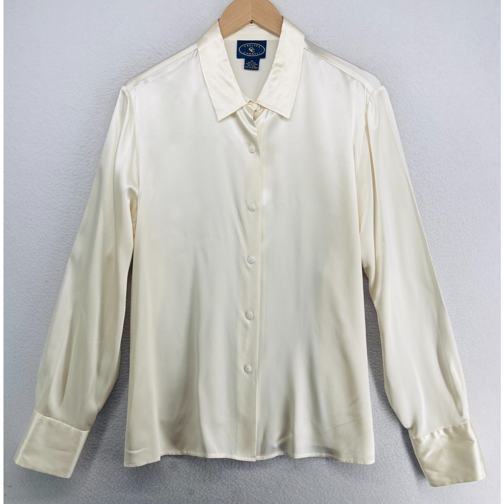 CHELSEA CAMBELL CC Blouse 16 Silk Satin Shirt Button Up Long Sleeve Off White